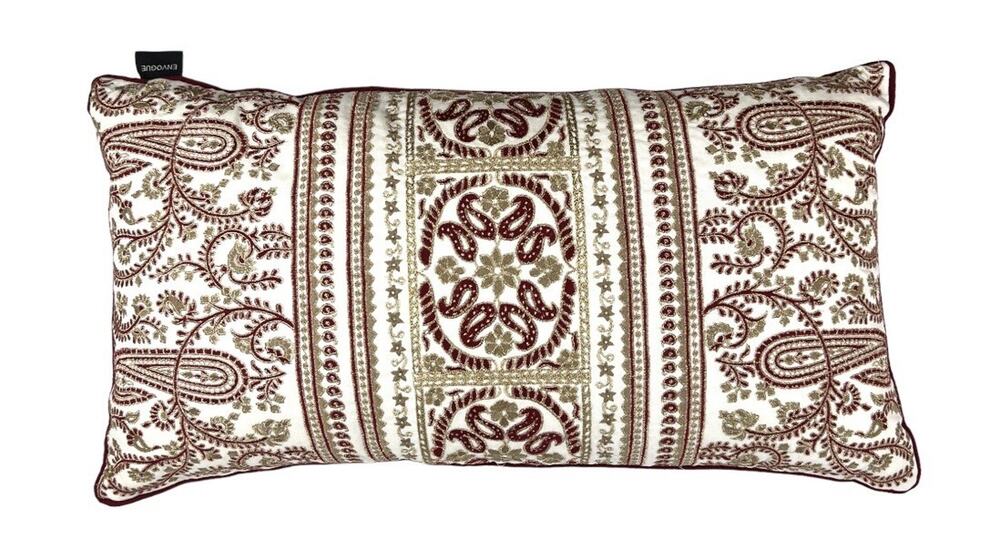 Throw Pillow Rectangular Ivory Red Embroidered Linen Blend by Envogue 13X24